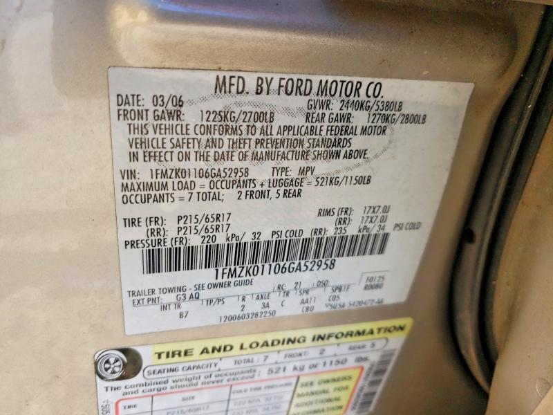 Photo 14 from auction – 2006 FORD FREESTYLE with VIN 1FMZK01106GA52958