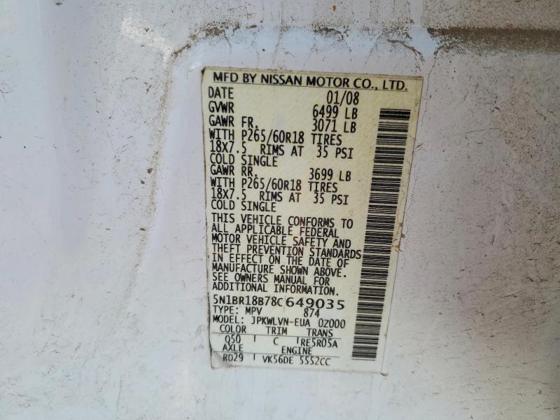 Photo 14 from auction – 2008 NISSAN PATHFINDER with VIN 5N1BR18B78C649035