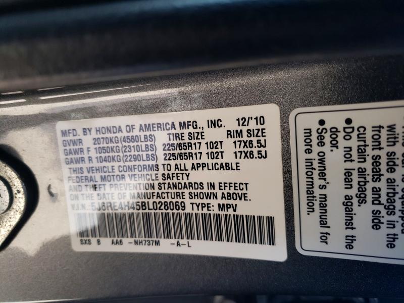 Photo 14 from auction – 2011 HONDA CR-V SE with VIN 5J6RE4H45BL028069