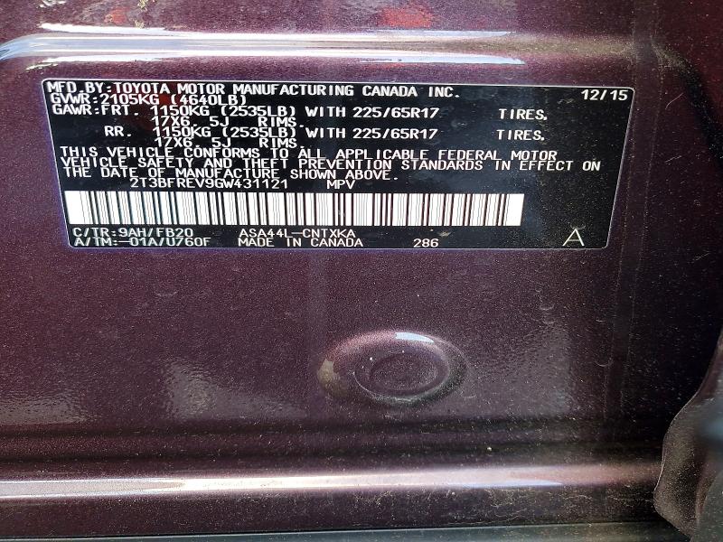 Photo 14 from auction – 2016 TOYOTA RAV4 LE with VIN 2T3BFREV9GW431121