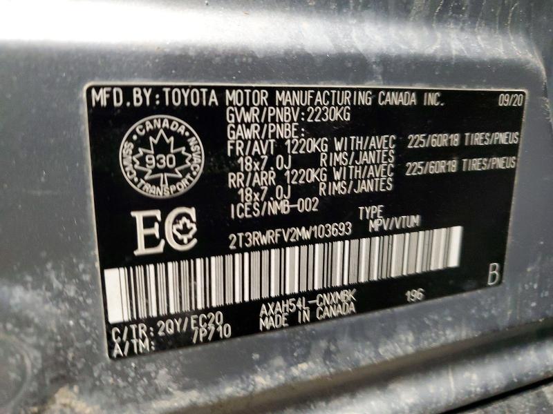 Photo 14 from auction – 2021 TOYOTA RAV4 XLE with VIN 2T3RWRFV2MW103693