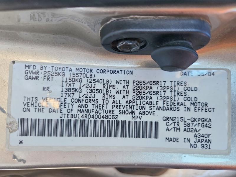 Photo 14 from auction – 2004 TOYOTA 4RUNNER SR with VIN JTEBU14R040048062