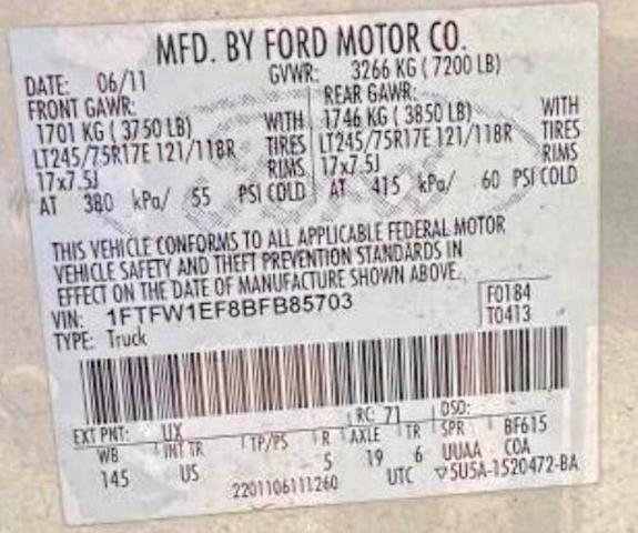 Photo 10 from auction – 2011 FORD F150 with VIN 1FTFW1EF8BFB85703