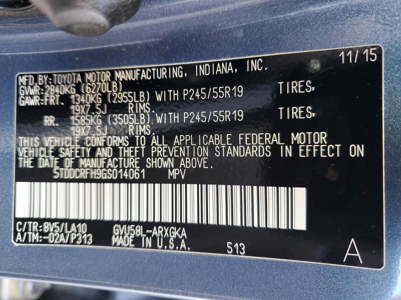 Photo 14 from auction – 2016 TOYOTA HIGHLANDER with VIN 5TDDCRFH9GS014061