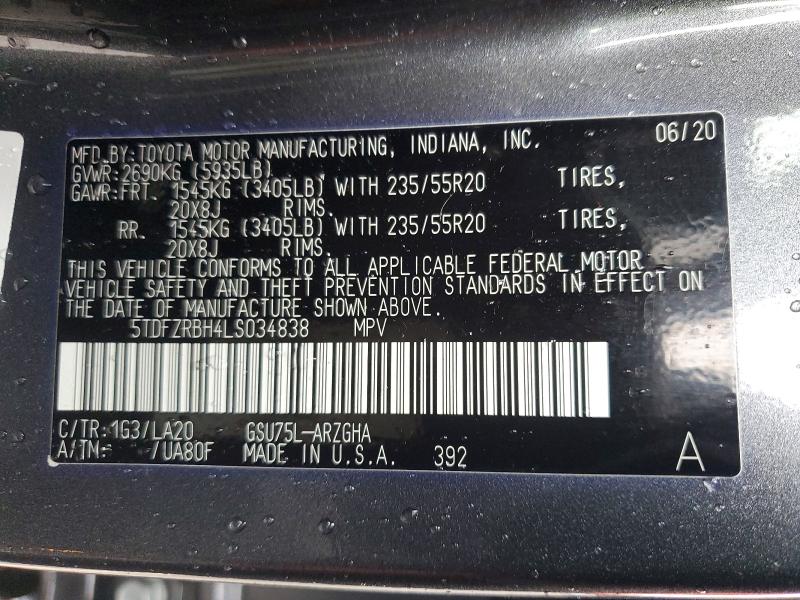 Photo 14 from auction – 2020 TOYOTA HIGHLANDER with VIN 5TDFZRBH4LS034838