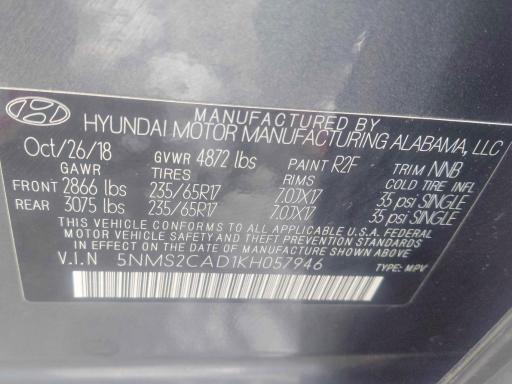 Photo 10 from auction – 2019 HYUNDAI SANTA FE S with VIN 5NMS2CAD1KH057946