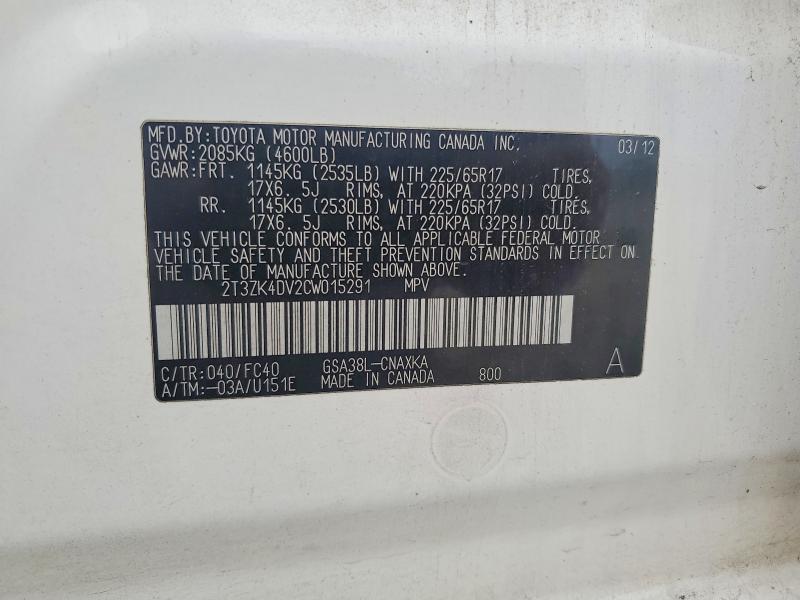 Photo 14 from auction – 2012 TOYOTA RAV4 with VIN 2T3ZK4DV2CW015291