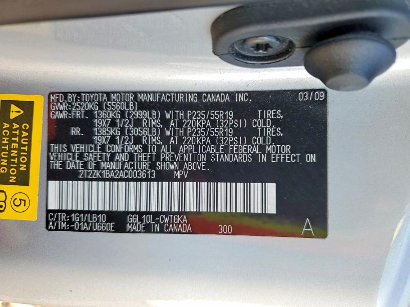 Photo 14 from auction – 2010 LEXUS RX 350 with VIN 2T2ZK1BA2AC003613