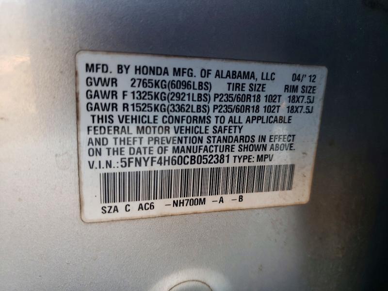 Foto 14 de la subasta – 2012 HONDA PILOT EXL con VIN 5FNYF4H60CB052381