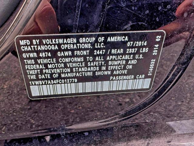 Photo 10 from auction – 2015 VOLKSWAGEN PASSAT SE with VIN 1VWBV7A34FC012779