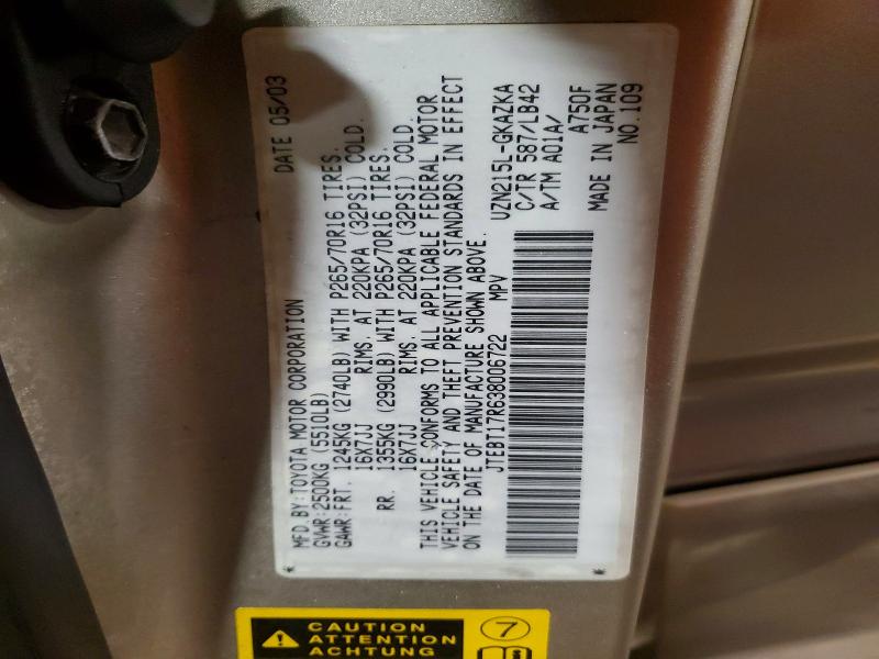 Photo 14 from auction – 2003 TOYOTA 4RUNNER LI with VIN JTEBT17R638006722