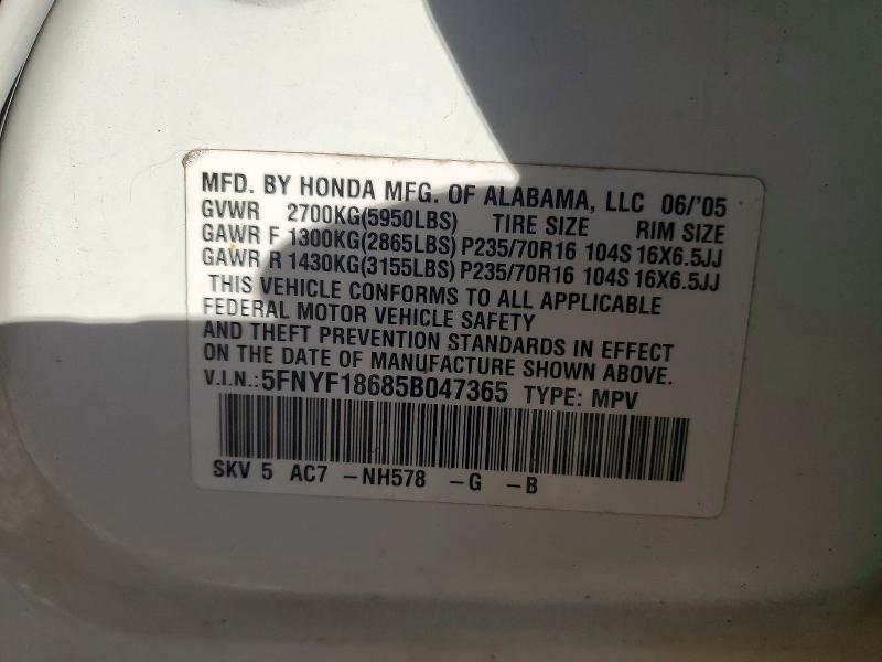 Photo 14 from auction – 2005 HONDA PILOT EXL with VIN 5FNYF18685B047365