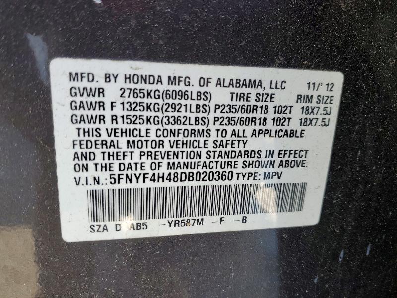 Photo 14 from auction – 2013 HONDA PILOT EX with VIN 5FNYF4H48DB020360