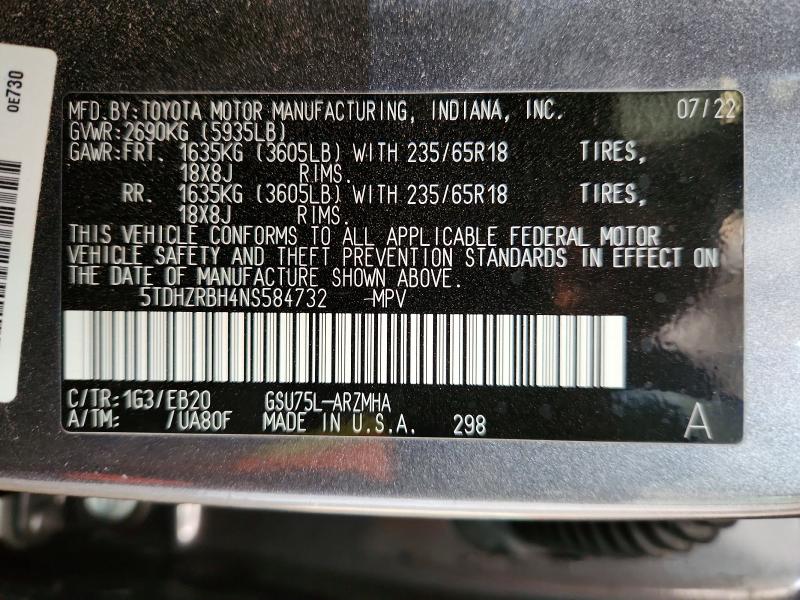 Photo 14 from auction – 2022 TOYOTA HIGHLANDER with VIN 5TDHZRBH4NS584732