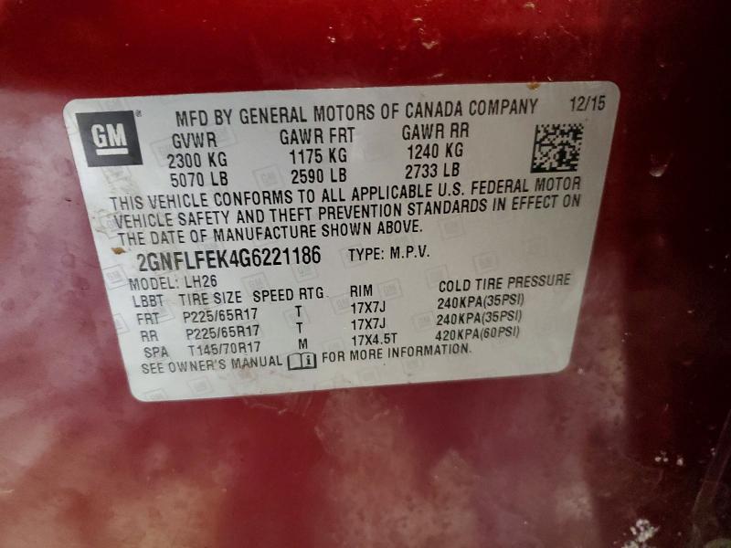 Photo 14 from auction – 2016 CHEVROLET EQUINOX LT with VIN 2GNFLFEK4G6221186