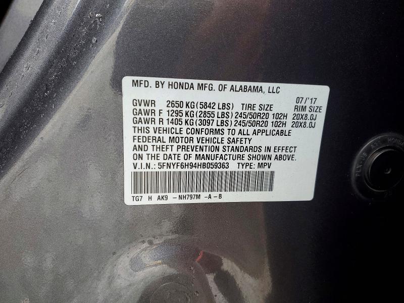 Photo 14 from auction – 2017 HONDA PILOT TOUR with VIN 5FNYF6H94HB059363