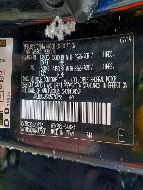 Photo 14 from auction – 2019 TOYOTA 4RUNNER SR with VIN JTEBU5JR2K5730968