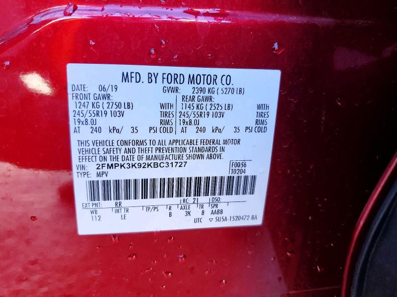 Photo 14 from auction – 2019 FORD EDGE TITAN with VIN 2FMPK3K92KBC31727