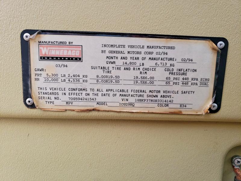 Photo 10 from auction – 1994 WINNEBAGO ITASCA with VIN 1GBKP37N0R3314142