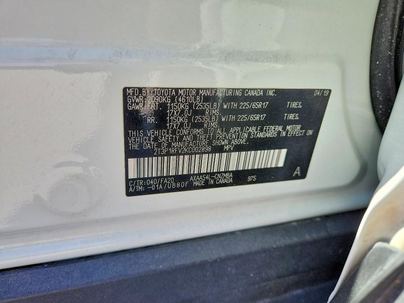 Photo 14 from auction – 2019 TOYOTA RAV4 XLE with VIN 2T3P1RFV2KC002898