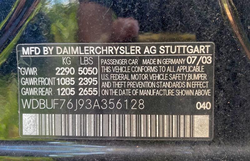 Photo 10 from auction – 2003 MERCEDES-BENZ E 55 AMG with VIN WDBUF76J93A356128