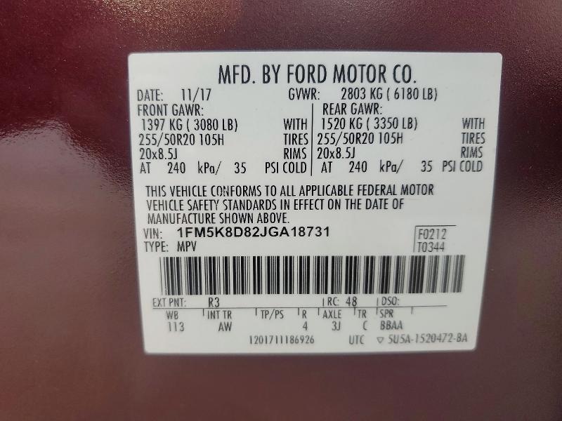 Photo 14 from auction – 2018 FORD EXPLORER with VIN 1FM5K8D82JGA18731