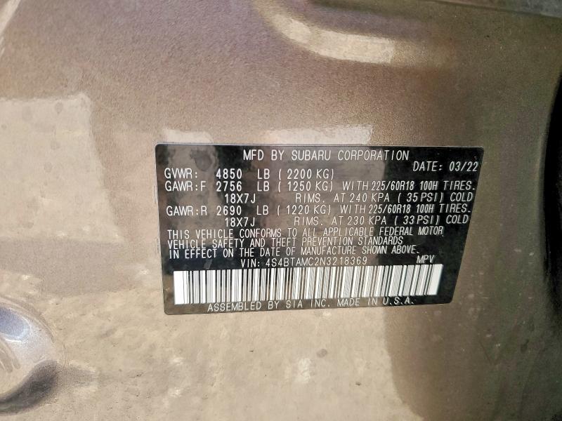 Photo 14 from auction – 2022 SUBARU OUTBACK LI with VIN 4S4BTAMC2N3218369
