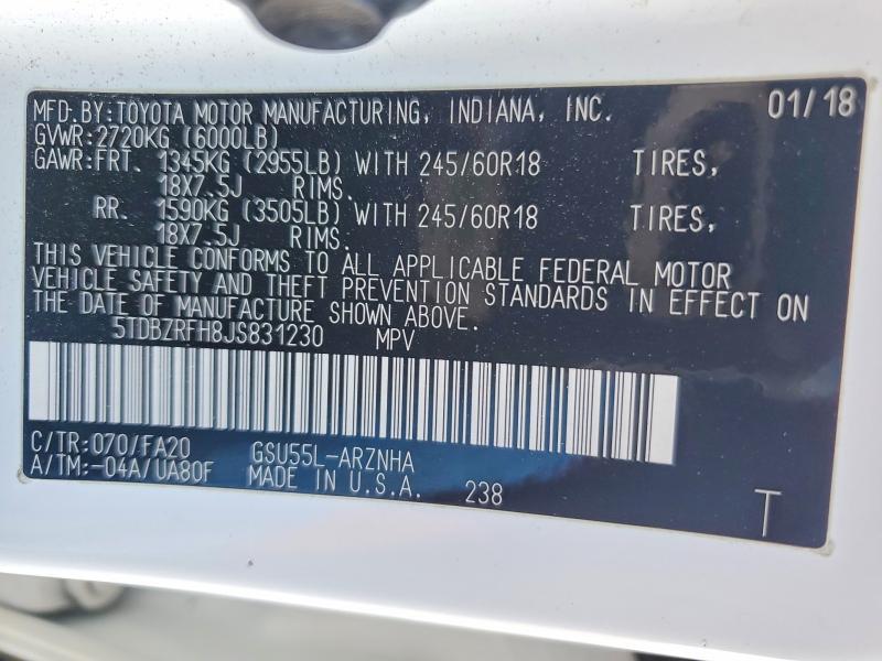Photo 14 from auction – 2018 TOYOTA HIGHLANDER with VIN 5TDBZRFH8JS831230
