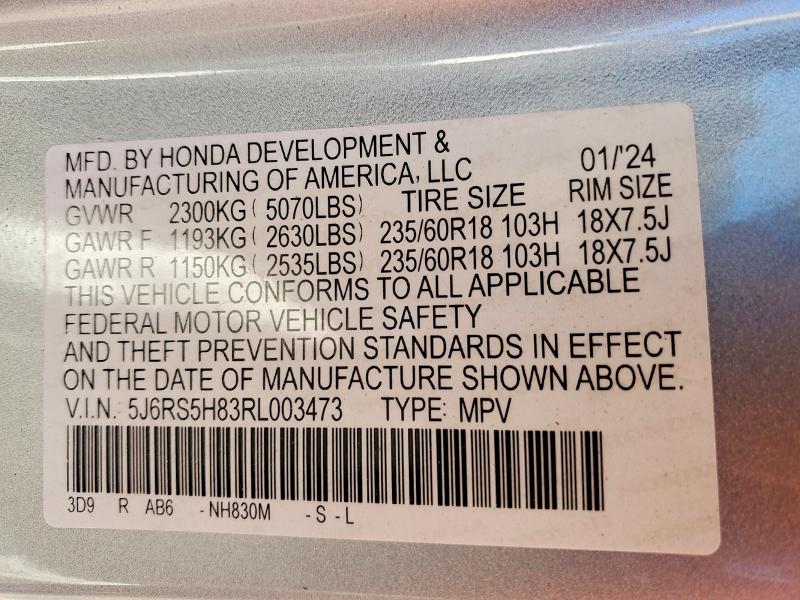 Photo 14 from auction – 2024 HONDA CR-V SPORT with VIN 5J6RS5H83RL003473