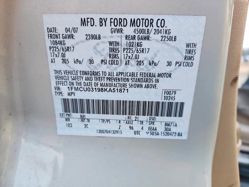 Photo 14 from auction – 2008 FORD ESCAPE XLT with VIN 1FMCU03198KA51871