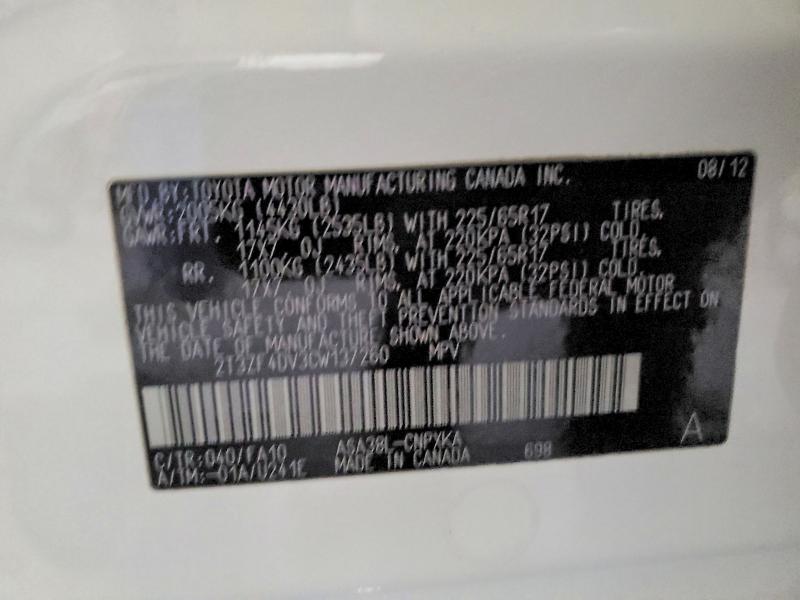 Photo 14 from auction – 2012 TOYOTA RAV4 with VIN 2T3ZF4DV3CW137260