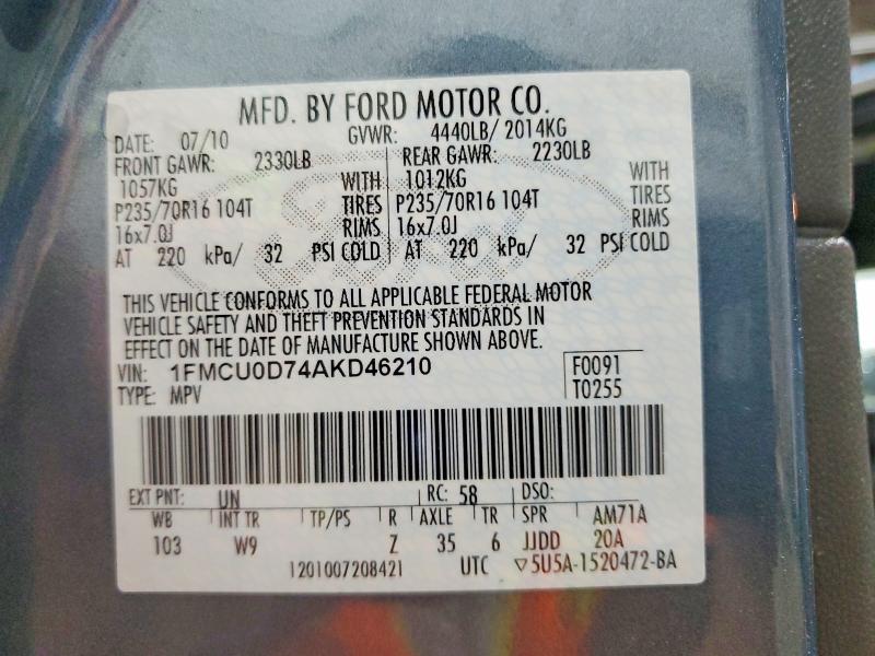 Photo 14 from auction – 2010 FORD ESCAPE XLT with VIN 1FMCU0D74AKD46210