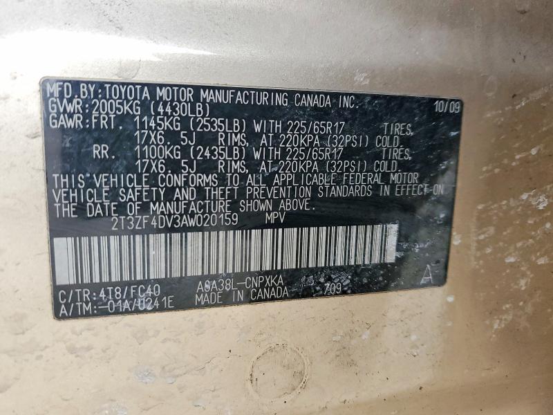 Photo 14 from auction – 2010 TOYOTA RAV4 with VIN 2T3ZF4DV3AW020159