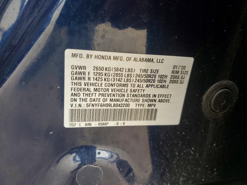 Photo 14 from auction – 2020 HONDA PILOT ELIT with VIN 5FNYF6H09LB042200
