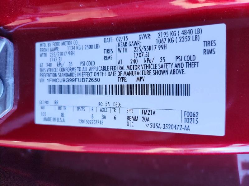 Photo 14 from auction – 2015 FORD ESCAPE SE with VIN 1FMCU9G99FUB72650