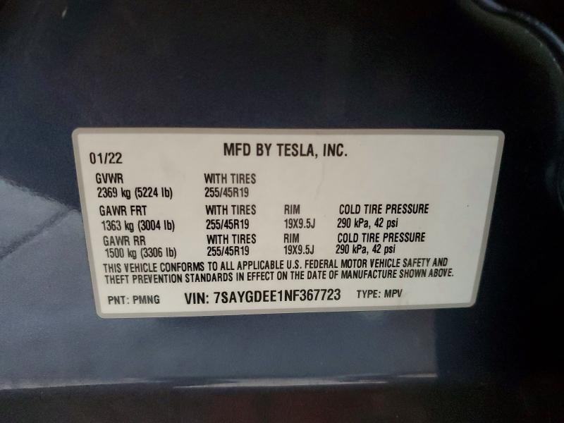 Photo 14 from auction – 2022 TESLA MODEL Y with VIN 7SAYGDEE1NF367723