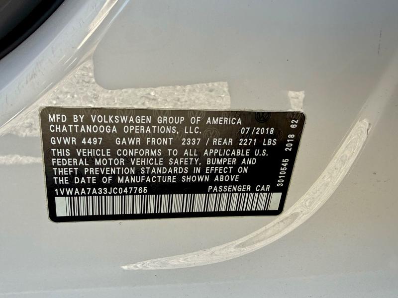 Photo 10 from auction – 2018 VOLKSWAGEN PASSAT S with VIN 1VWAA7A33JC047765