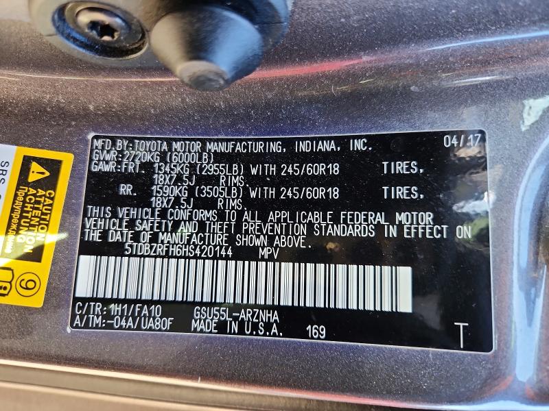 Photo 14 from auction – 2017 TOYOTA HIGHLANDER with VIN 5TDBZRFH6HS420144