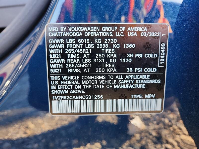 Photo 14 from auction – 2022 VOLKSWAGEN ATLAS SEL with VIN 1V2FR2CA8NC531256