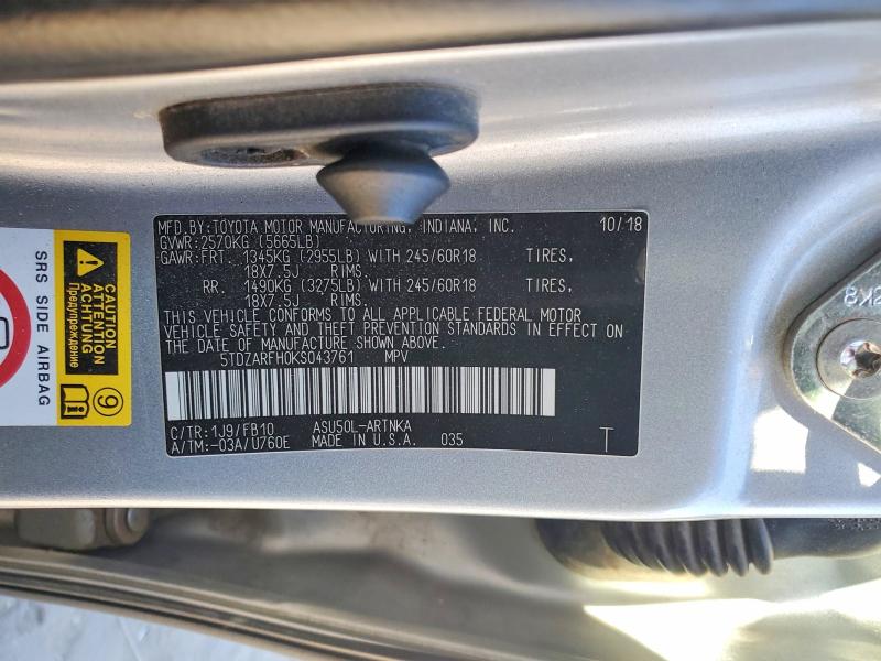 Photo 14 from auction – 2019 TOYOTA HIGHLANDER with VIN 5TDZARFH0KS043761