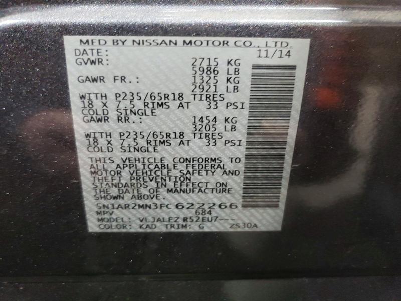 Photo 14 from auction – 2015 NISSAN PATHFINDER with VIN 5N1AR2MN3FC622266