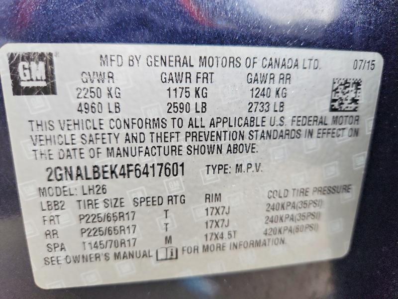 Photo 14 from auction – 2015 CHEVROLET EQUINOX LT with VIN 2GNALBEK4F6417601