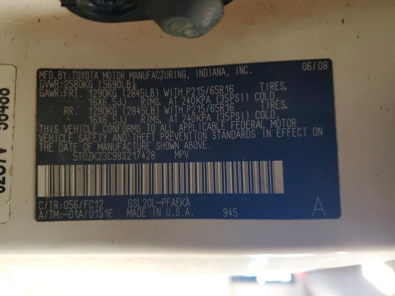Photo 14 from auction – 2008 TOYOTA SIENNA with VIN 5TDZK23C98S217428