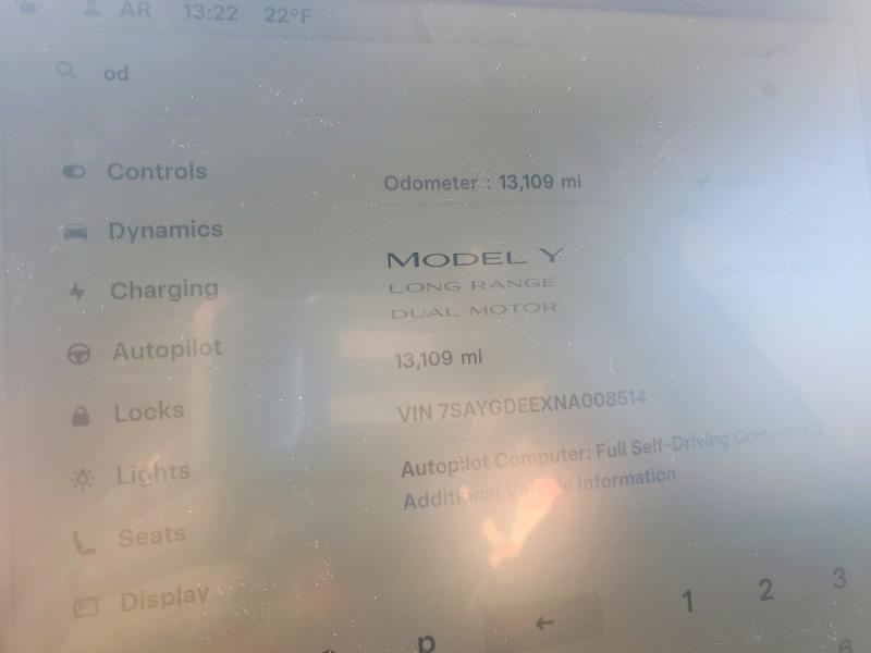 Photo 9 from auction – 2022 TESLA MODEL Y with VIN 7SAYGDEEXNA008514