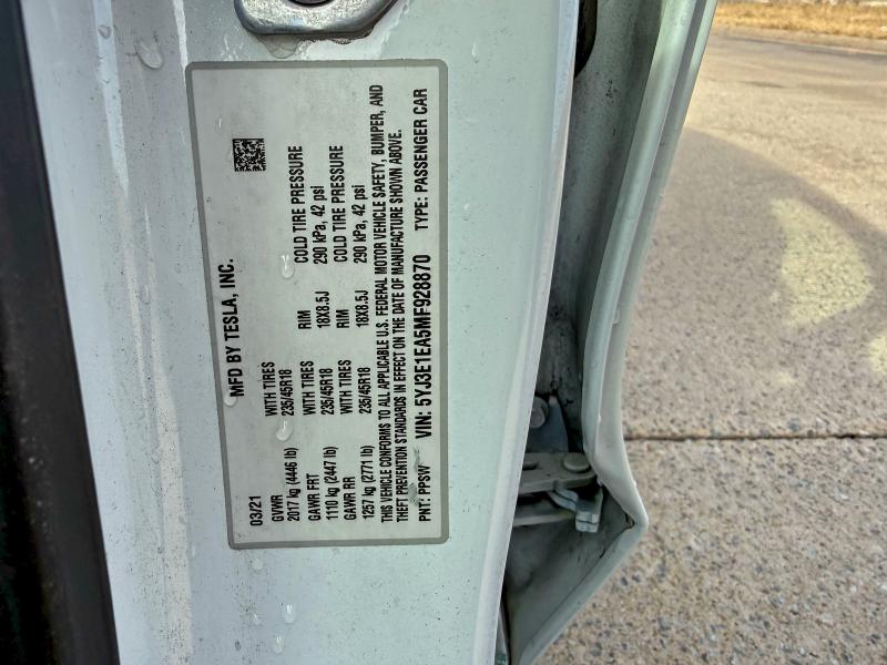 Photo 10 from auction – 2021 TESLA MODEL 3 with VIN 5YJ3E1EA5MF928870