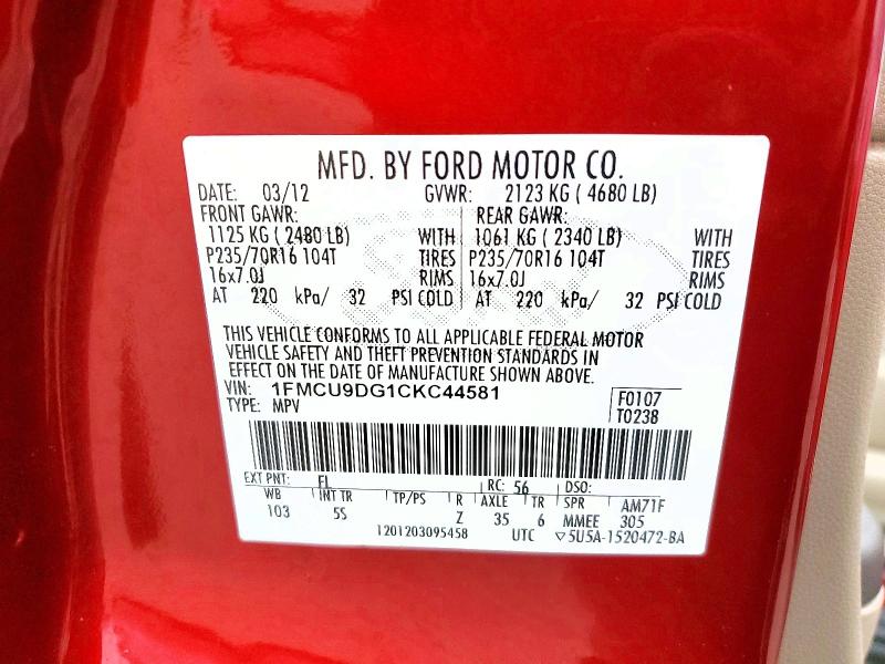 Photo 14 from auction – 2012 FORD ESCAPE XLT with VIN 1FMCU9DG1CKC44581