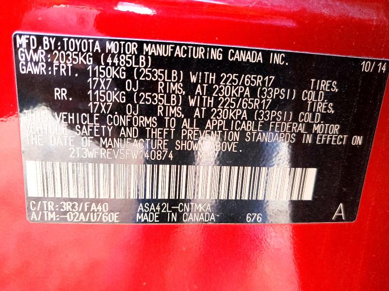 Photo 14 from auction – 2015 TOYOTA RAV4 XLE with VIN 2T3WFREV5FW140874
