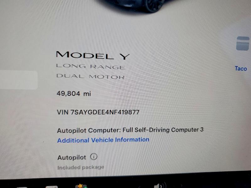 Photo 9 from auction – 2022 TESLA MODEL Y with VIN 7SAYGDEE4NF419877