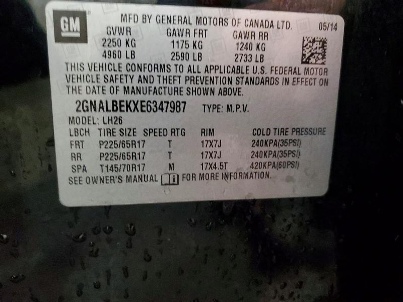 Photo 14 from auction – 2014 CHEVROLET EQUINOX LT with VIN 2GNALBEKXE6347987