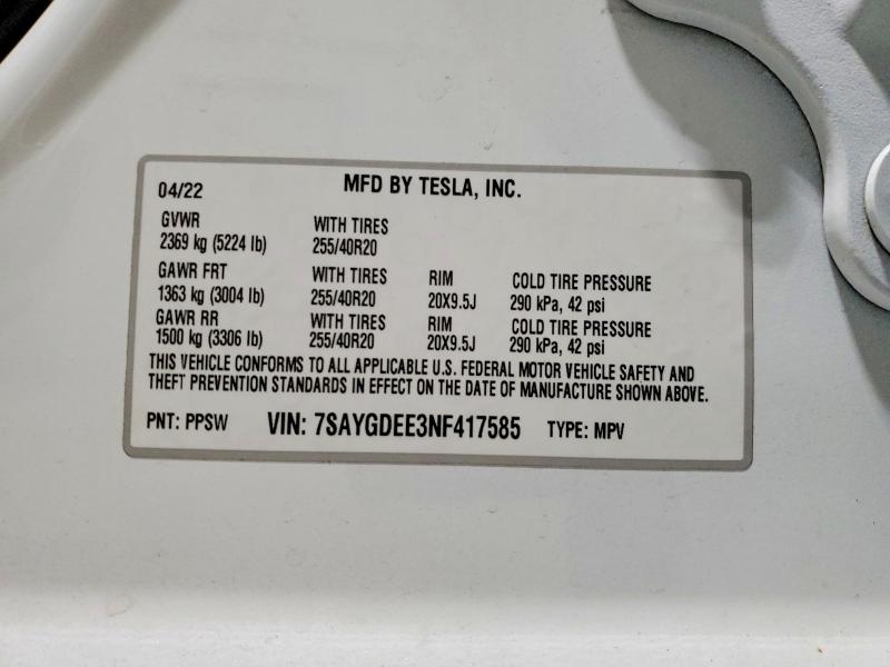 Photo 14 from auction – 2022 TESLA MODEL Y with VIN 7SAYGDEE3NF417585